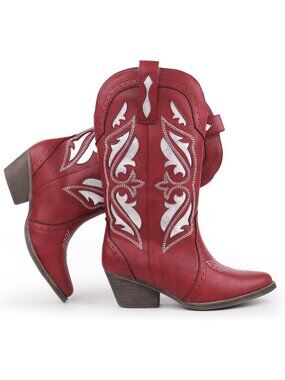 Women’s Red Embroidered Western Booties Pointed Toe Chunky Block Heel Pull On